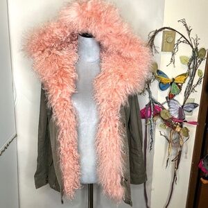 Pam & Gela Faux Fur Parka Jacket Small Pink Mongolian Army Green Trench Coat S